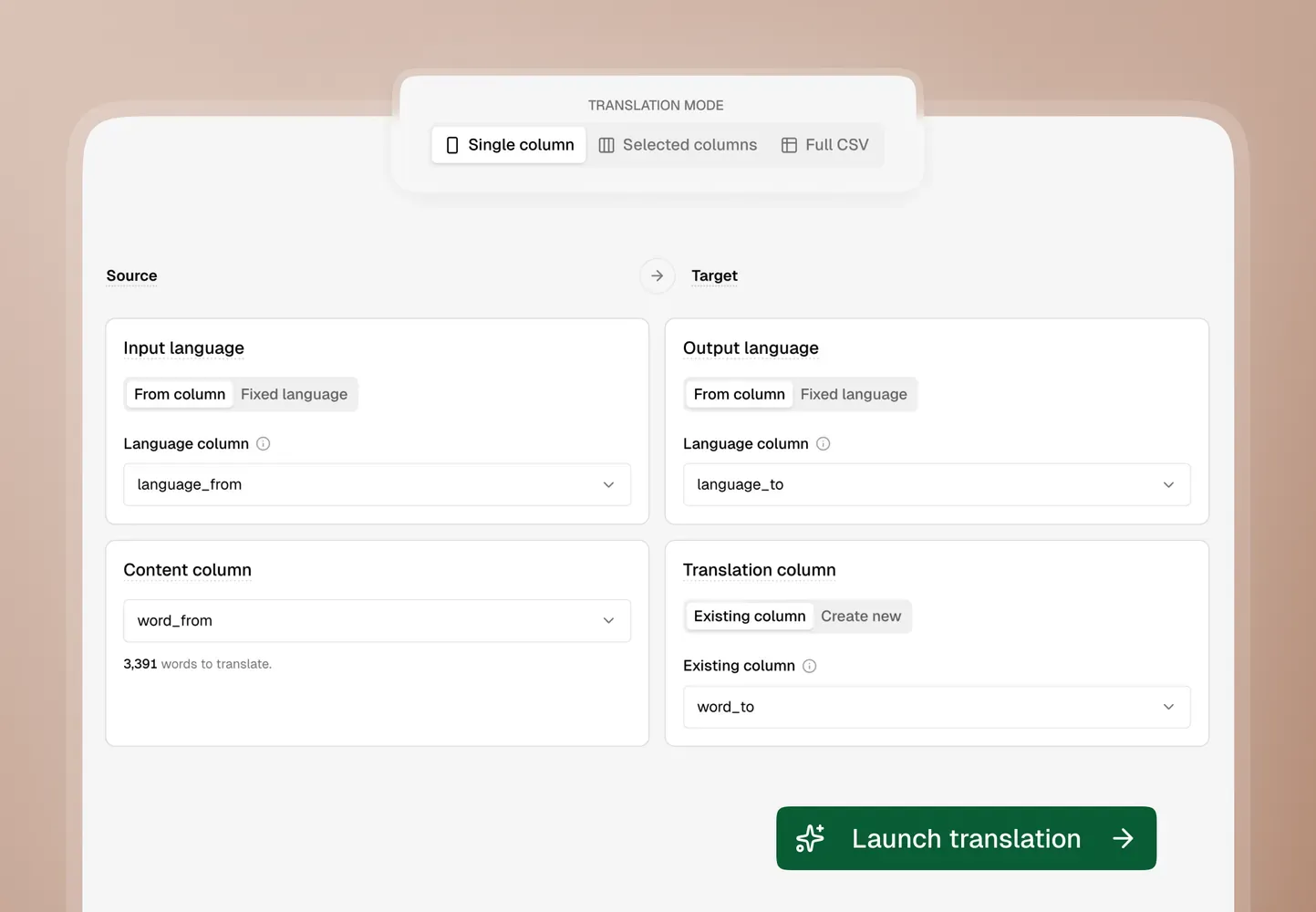 Step 2: Review intelligent column mapping and estimated credit cost before launching the translation